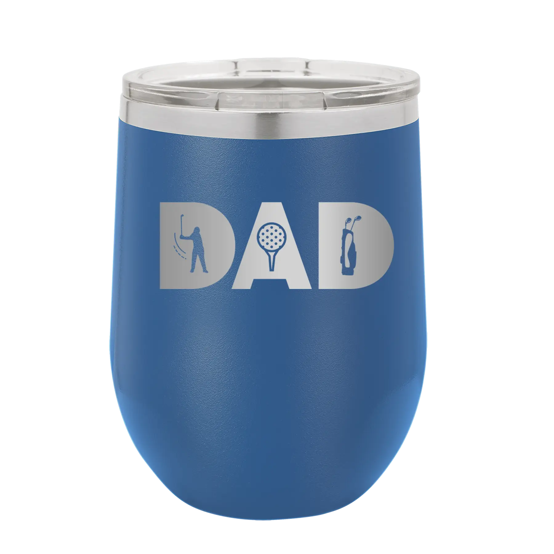 Personalized royal blue 12 oz vacuum insulated wine cup with etched 'Dad Golf' design