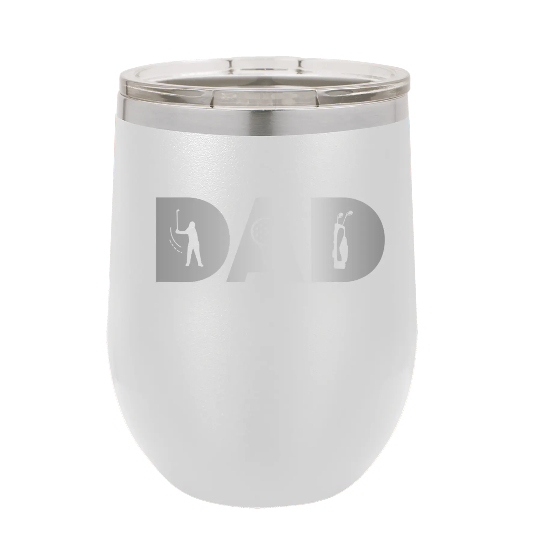 Personalized white 12 oz vacuum insulated wine cup with etched 'Dad Golf' design