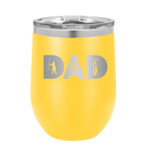 Personalized yellow 12 oz vacuum insulated wine cup with etched 'Dad Golf' design