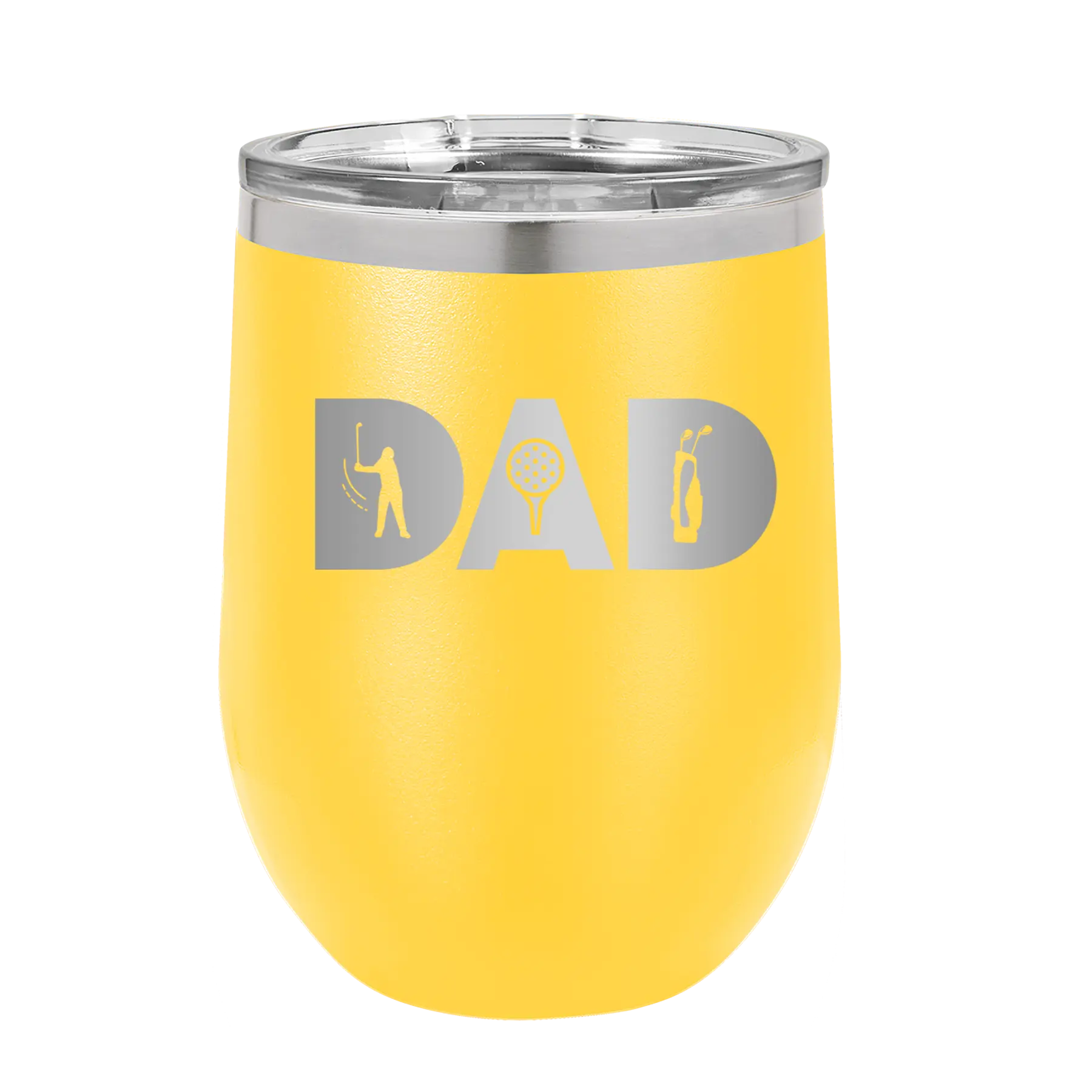Personalized yellow 12 oz vacuum insulated wine cup with etched 'Dad Golf' design
