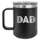 Personalized black 15 oz vacuum insulated coffee mug with etched 'Dad Tools' design