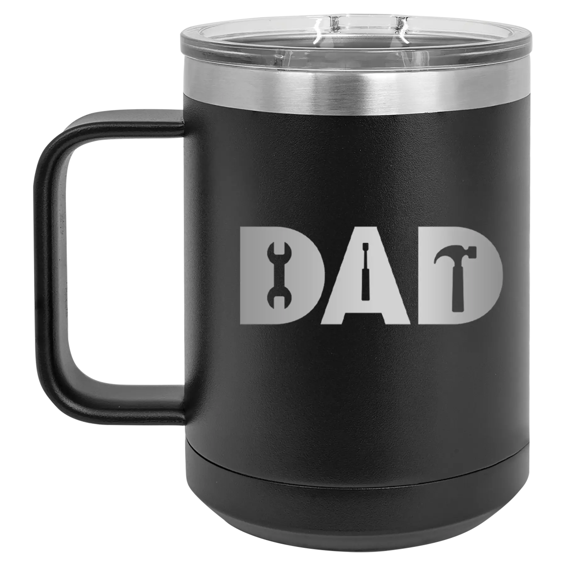 Personalized black 15 oz vacuum insulated coffee mug with etched 'Dad Tools' design