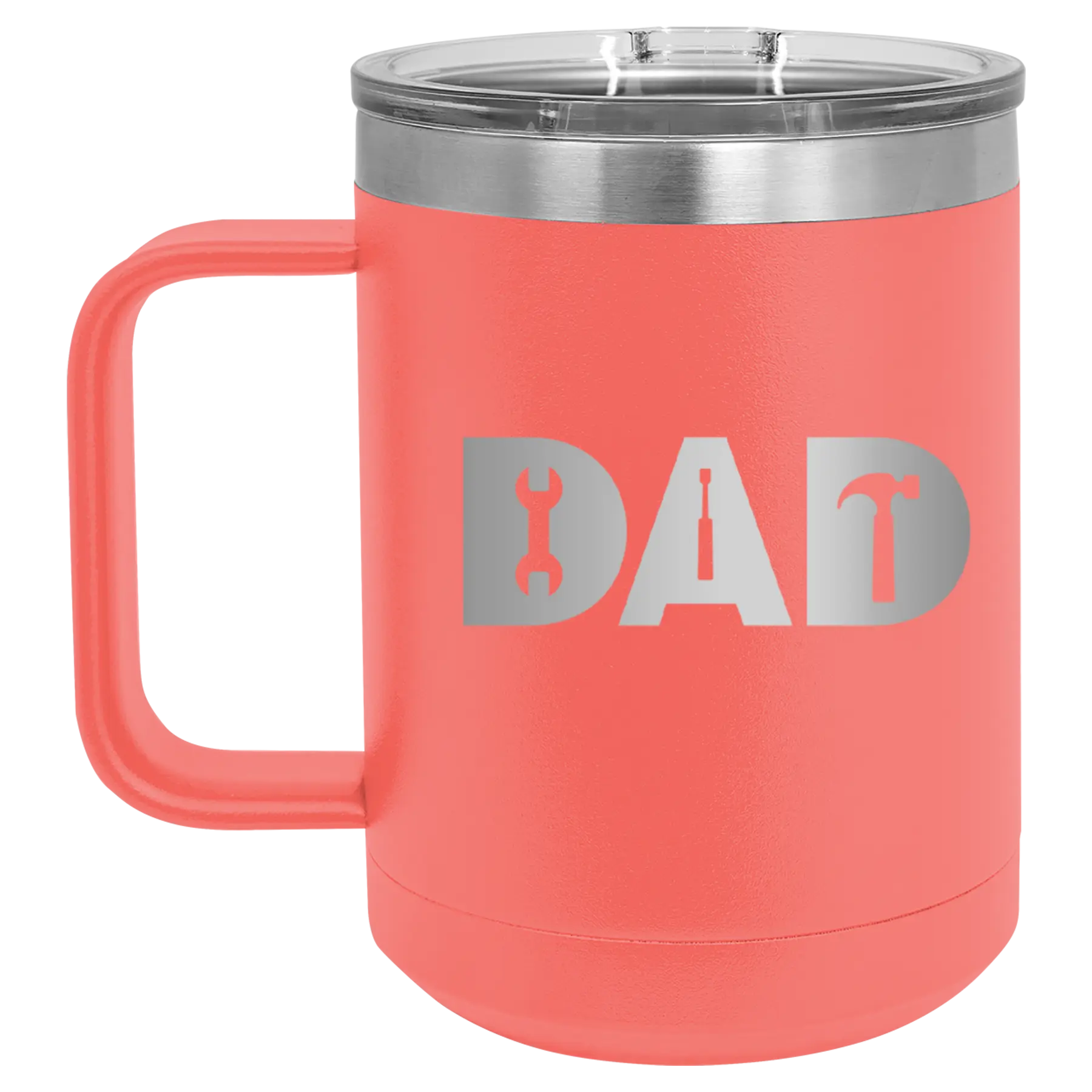 Personalized coral 15 oz vacuum insulated coffee mug with etched 'Dad Tools' design