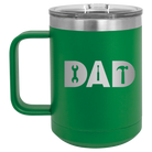 Personalized green 15 oz vacuum insulated coffee mug with etched 'Dad Tools' design