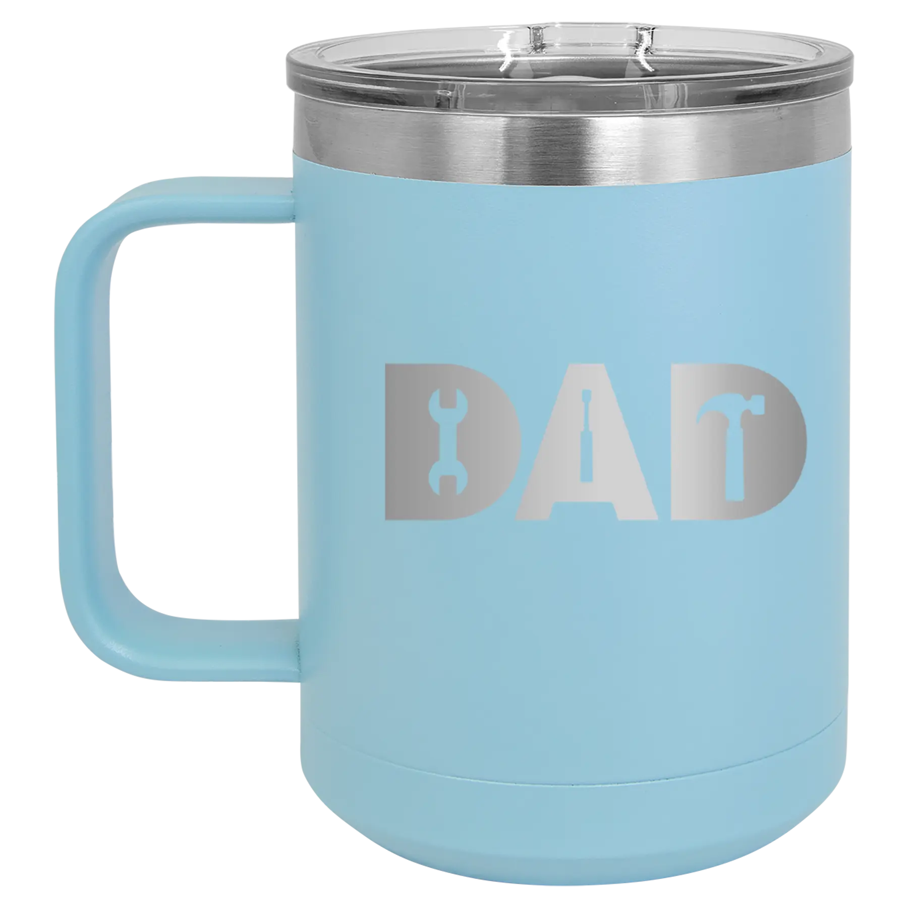 Personalized light blue 15 oz vacuum insulated coffee mug with etched 'Dad Tools' design