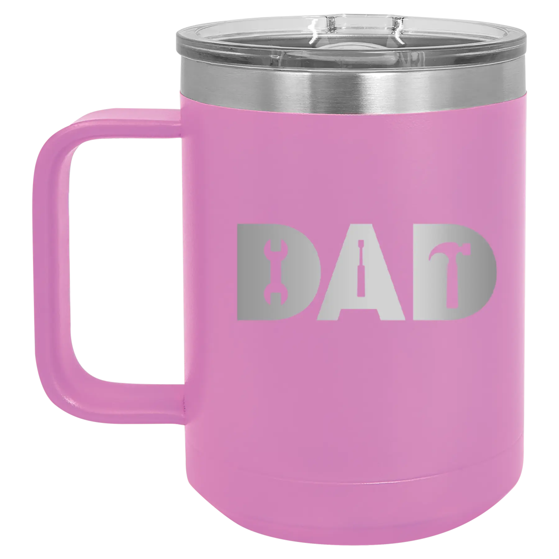 Personalized light purple 15 oz vacuum insulated coffee mug with etched 'Dad Tools' design