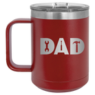 Personalized maroon 15 oz vacuum insulated coffee mug with etched 'Dad Tools' design