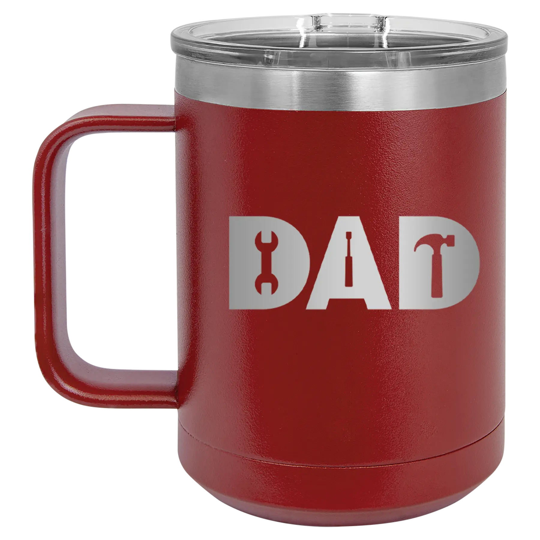 Personalized maroon 15 oz vacuum insulated coffee mug with etched 'Dad Tools' design
