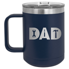 Personalized navy 15 oz vacuum insulated coffee mug with etched 'Dad Tools' design