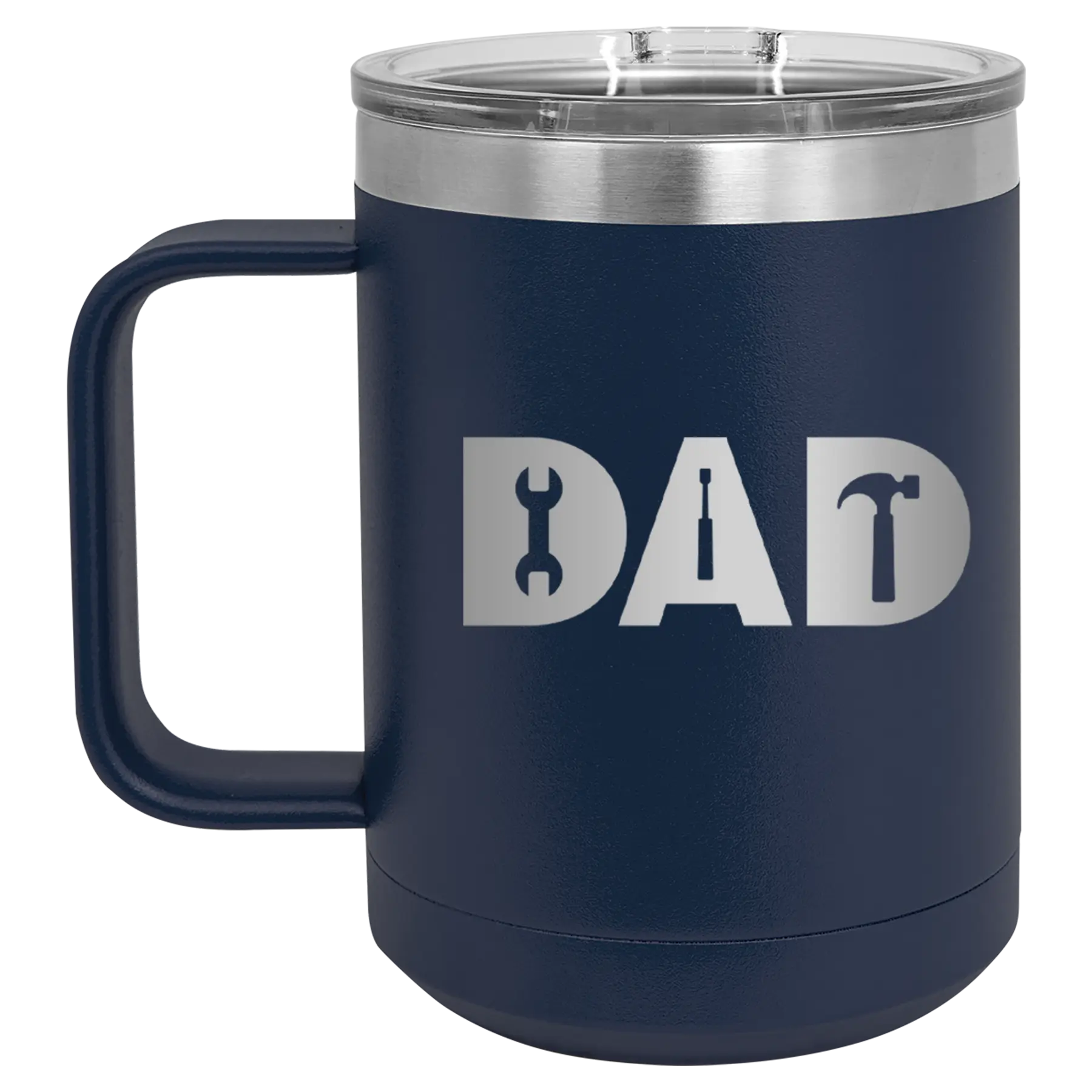 Personalized navy 15 oz vacuum insulated coffee mug with etched 'Dad Tools' design