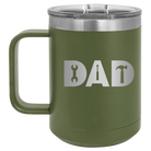 Personalized olive green 15 oz vacuum insulated coffee mug with etched 'Dad Tools' design