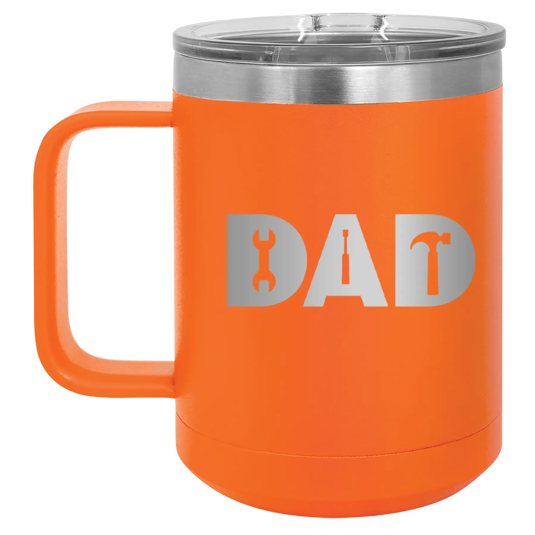 Personalized orange 15 oz vacuum insulated coffee mug with etched 'Dad Tools' design