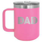 Personalized pink 15 oz vacuum insulated coffee mug with etched 'Dad Tools' design