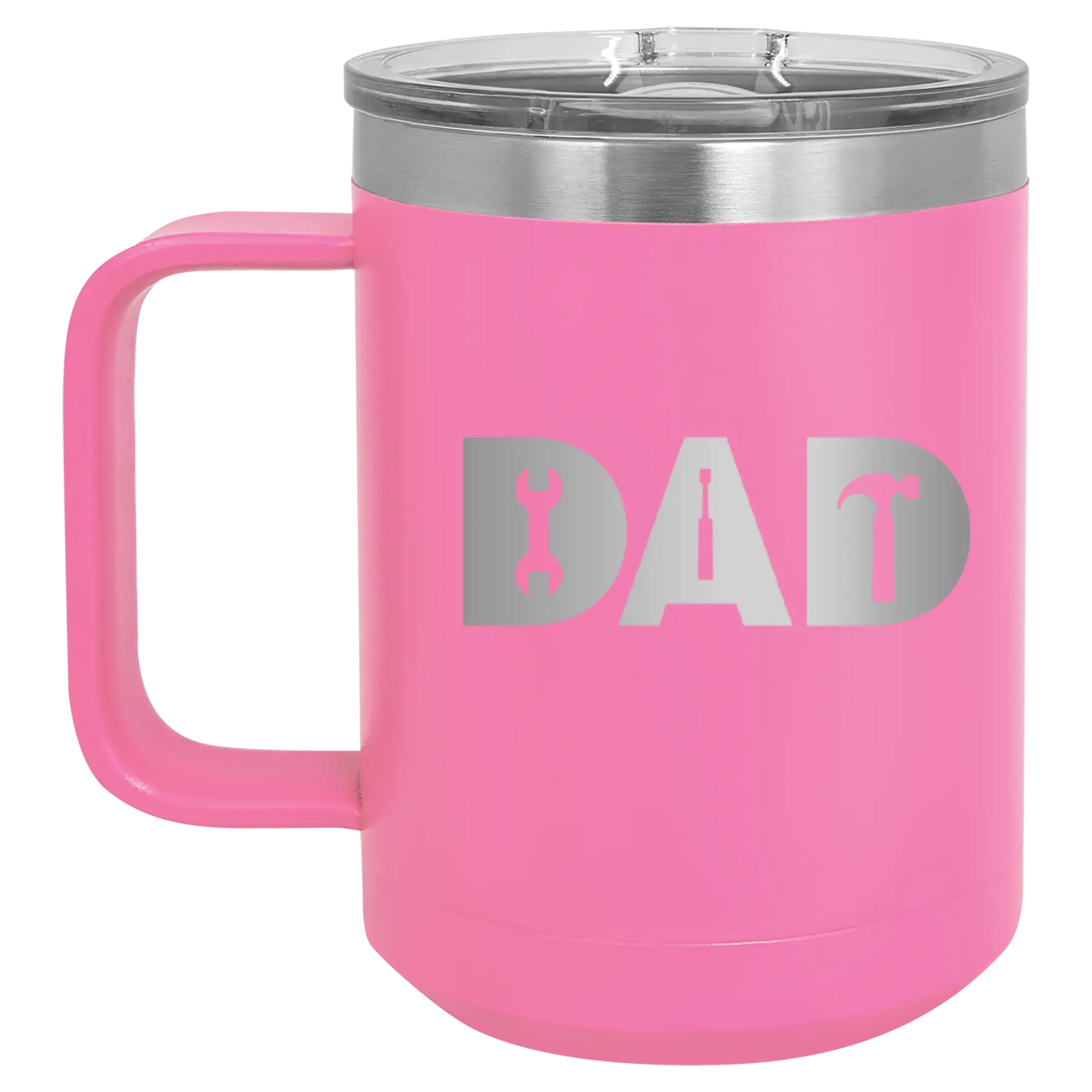 Personalized pink 15 oz vacuum insulated coffee mug with etched 'Dad Tools' design