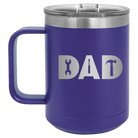 Personalized purple 15 oz vacuum insulated coffee mug with etched 'Dad Tools' design