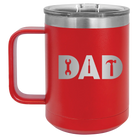 Personalized red 15 oz vacuum insulated coffee mug with etched 'Dad Tools' design
