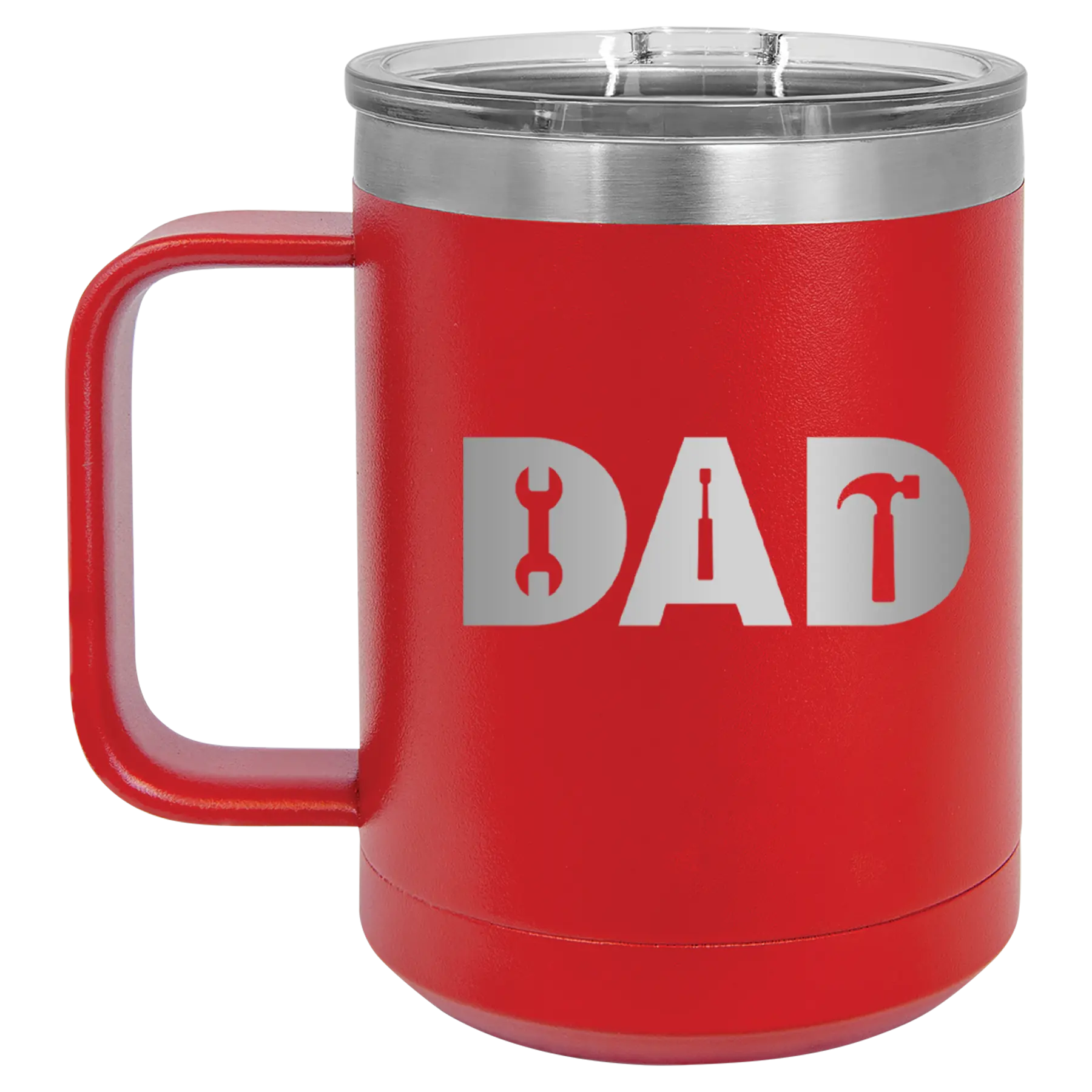 Personalized red 15 oz vacuum insulated coffee mug with etched 'Dad Tools' design