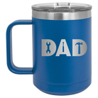 Personalized royal blue 15 oz vacuum insulated coffee mug with etched 'Dad Tools' design