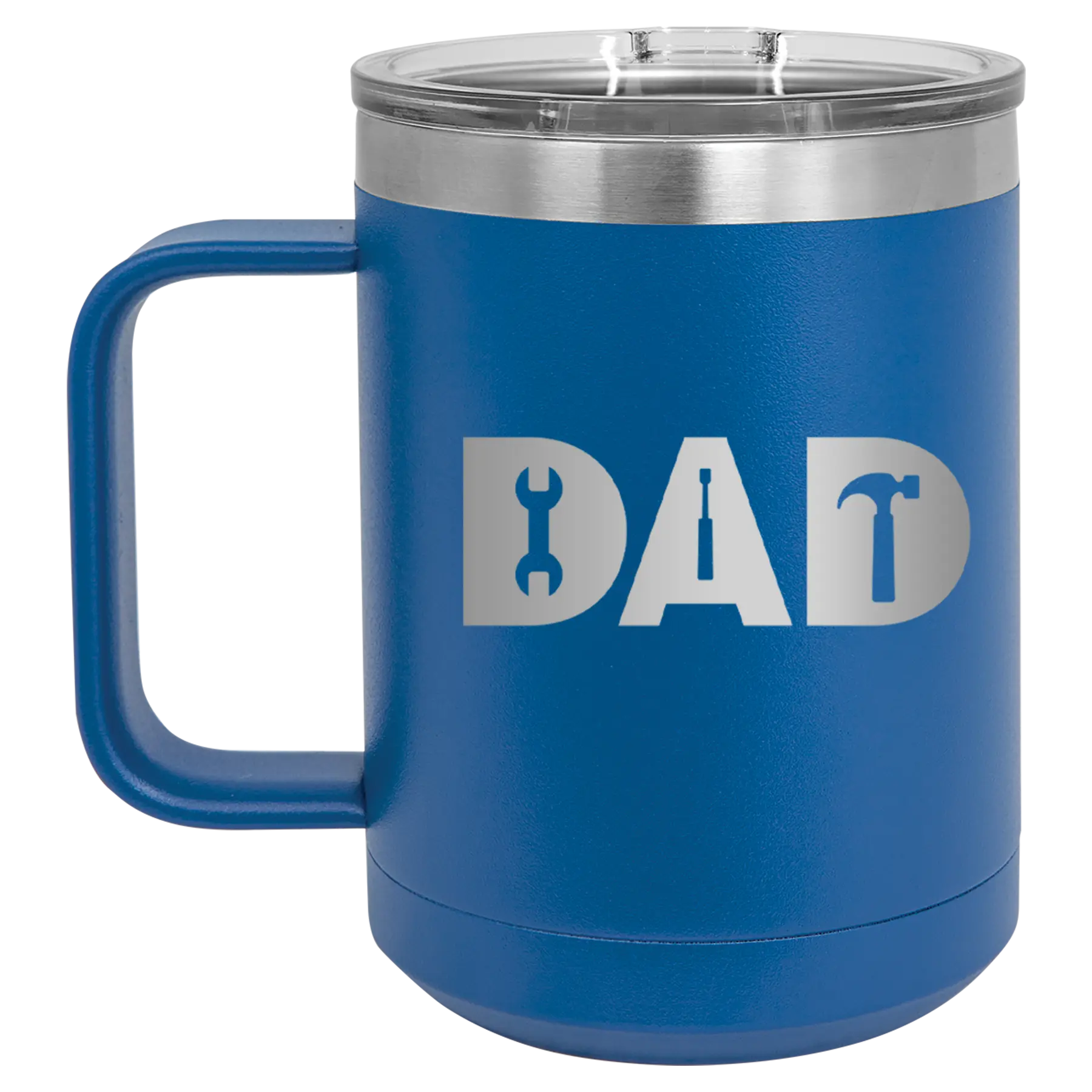 Personalized royal blue 15 oz vacuum insulated coffee mug with etched 'Dad Tools' design
