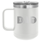 Personalized white 15 oz vacuum insulated coffee mug with etched 'Dad Tools' design