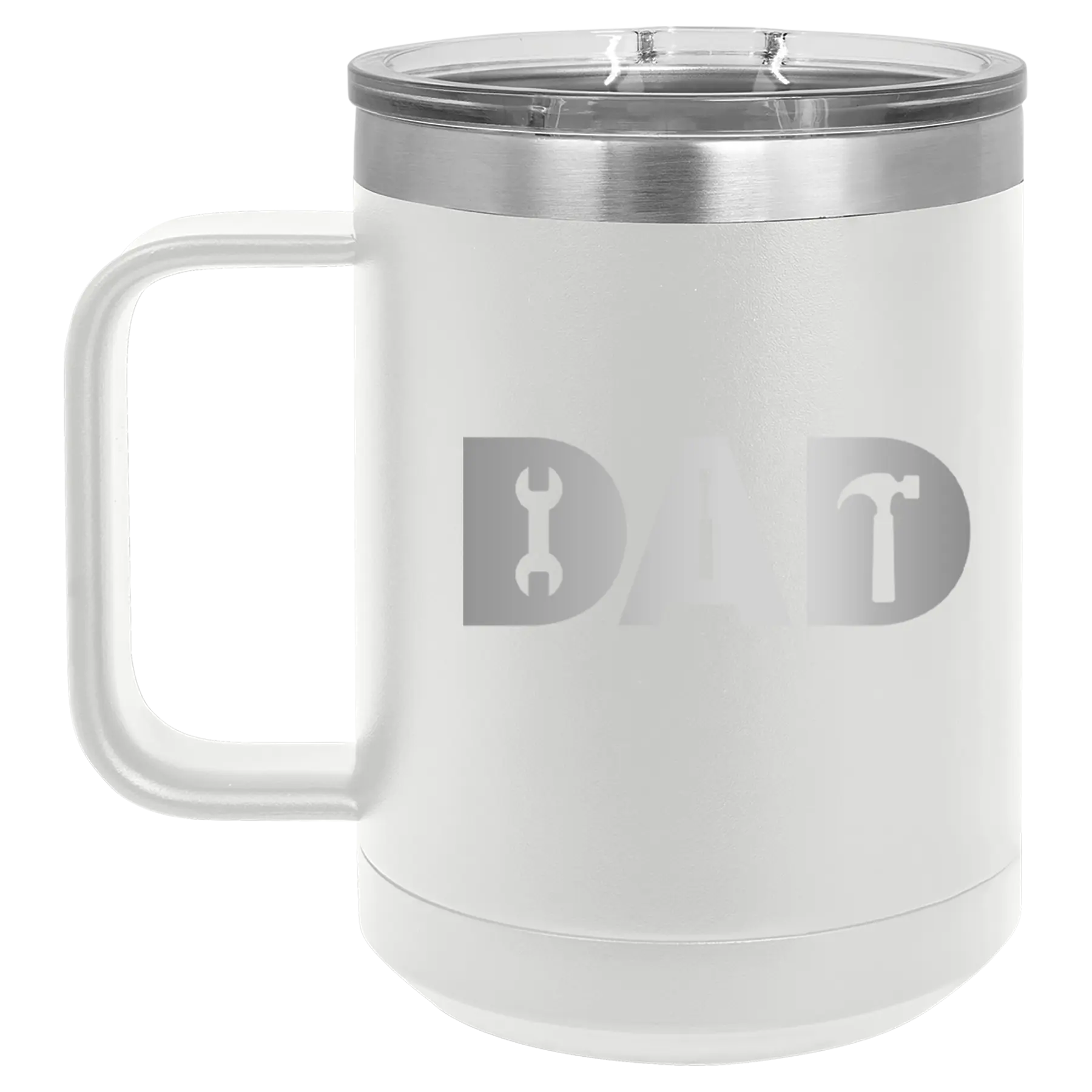 Personalized white 15 oz vacuum insulated coffee mug with etched 'Dad Tools' design