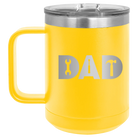 Personalized yellow 15 oz vacuum insulated coffee mug with etched 'Dad Tools' design
