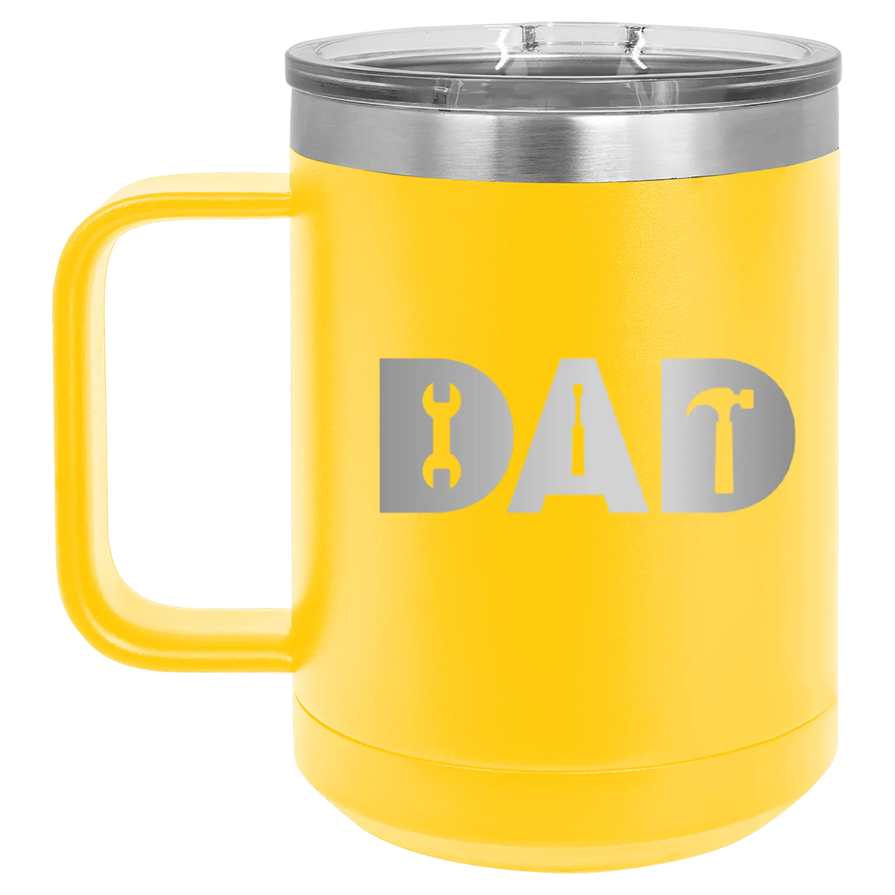 Personalized yellow 15 oz vacuum insulated coffee mug with etched 'Dad Tools' design