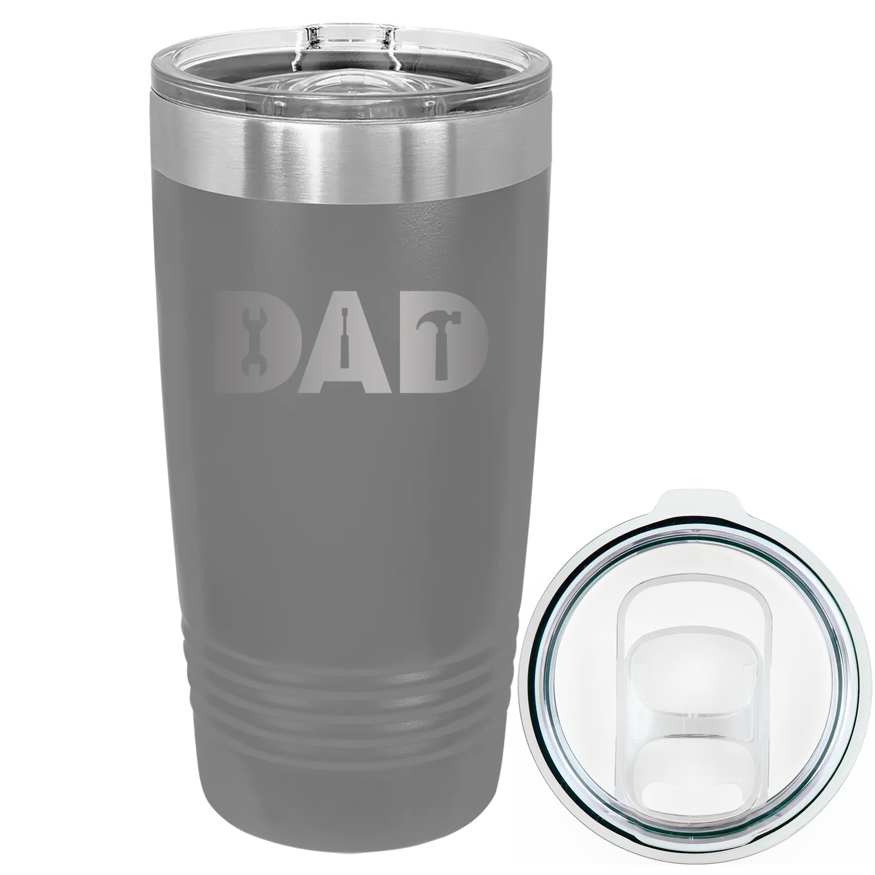 Laser etched dark gray 20 oz vacuum insulated tumbler with 'Dad Tools' design