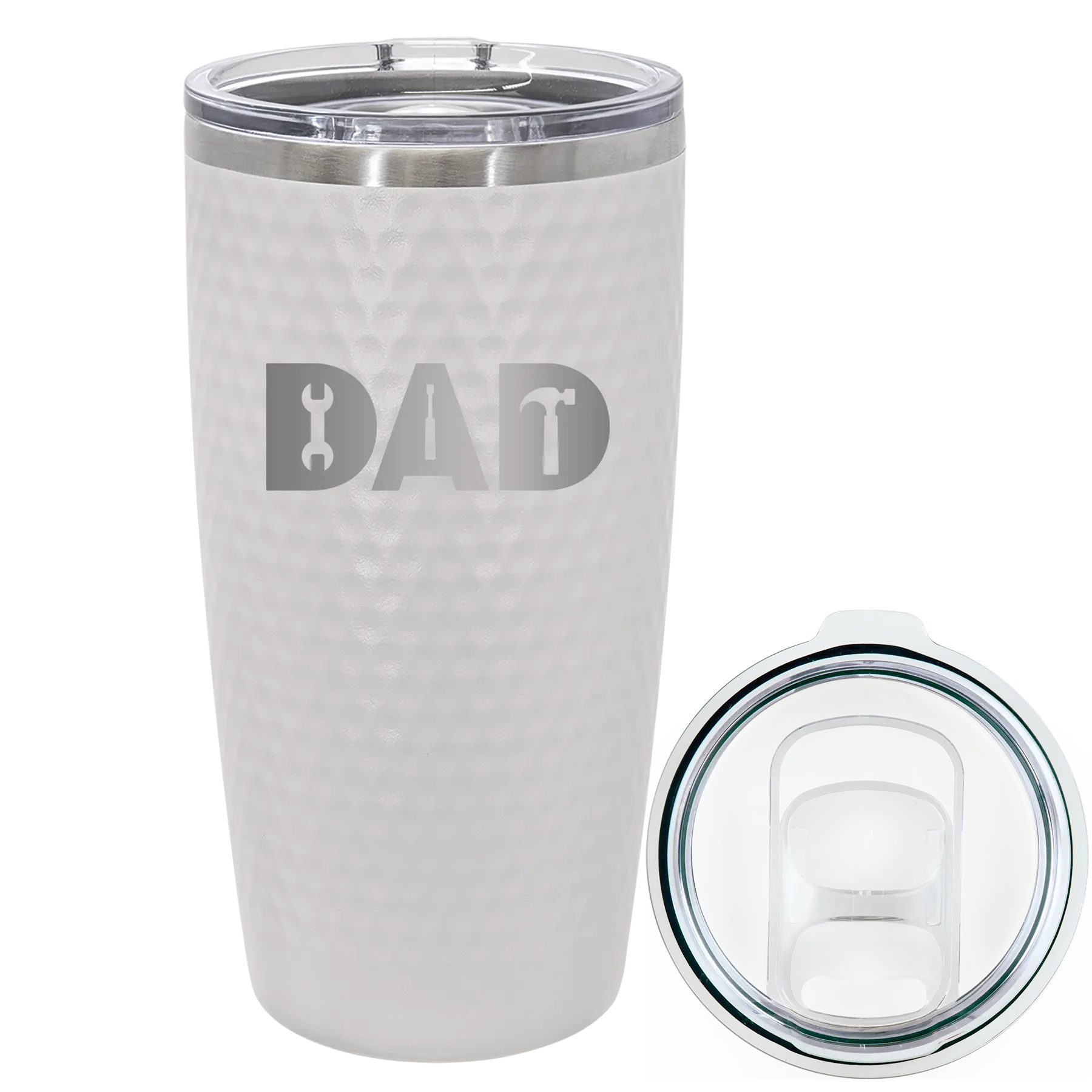 Laser etched white 20 oz golf dimples tumbler with 'Dad Tools' design