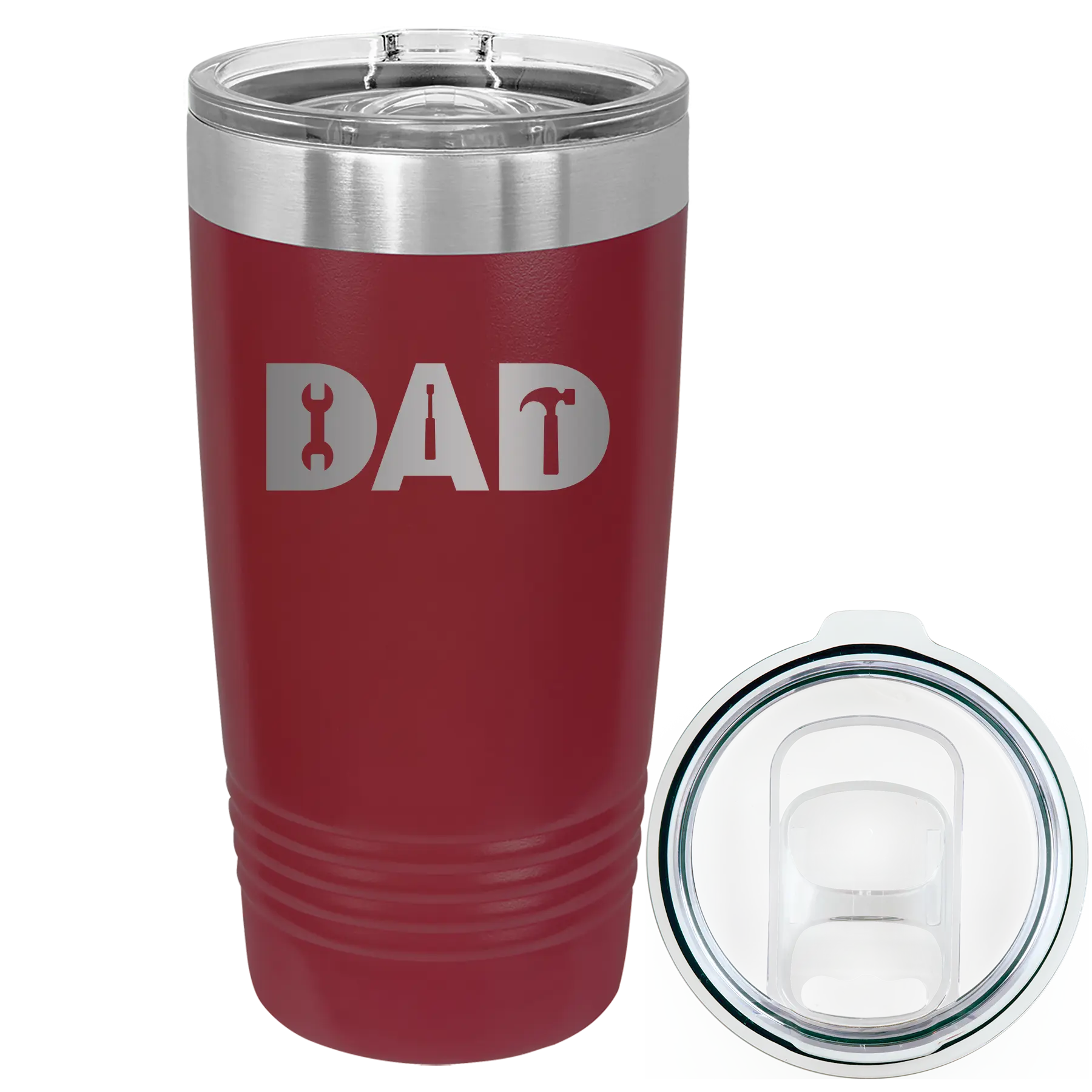 Laser etched maroon 20 oz vacuum insulated tumbler with 'Dad Tools' design