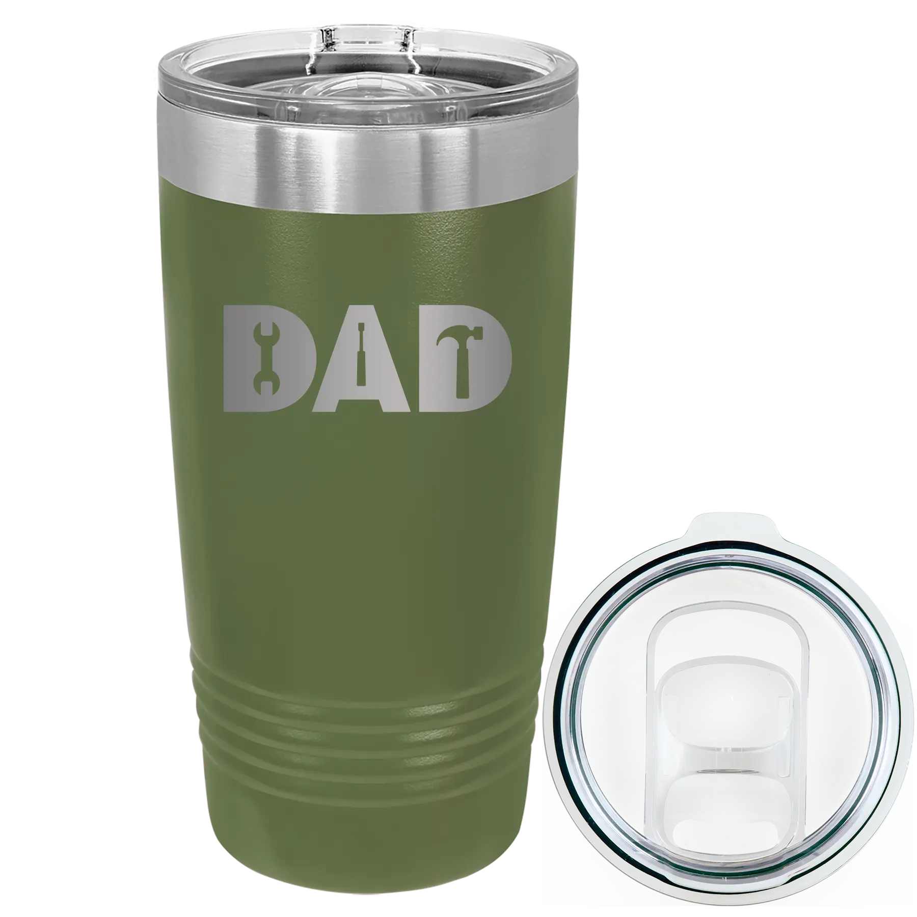 Laser etched olive green 20 oz vacuum insulated tumbler with 'Dad Tools' design