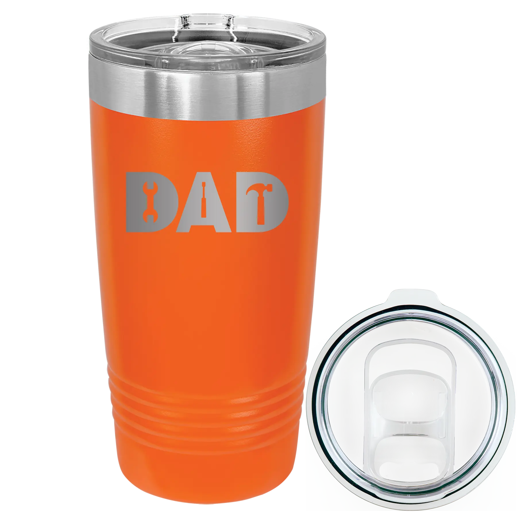 Laser etched orange 20 oz vacuum insulated tumbler with 'Dad Tools' design