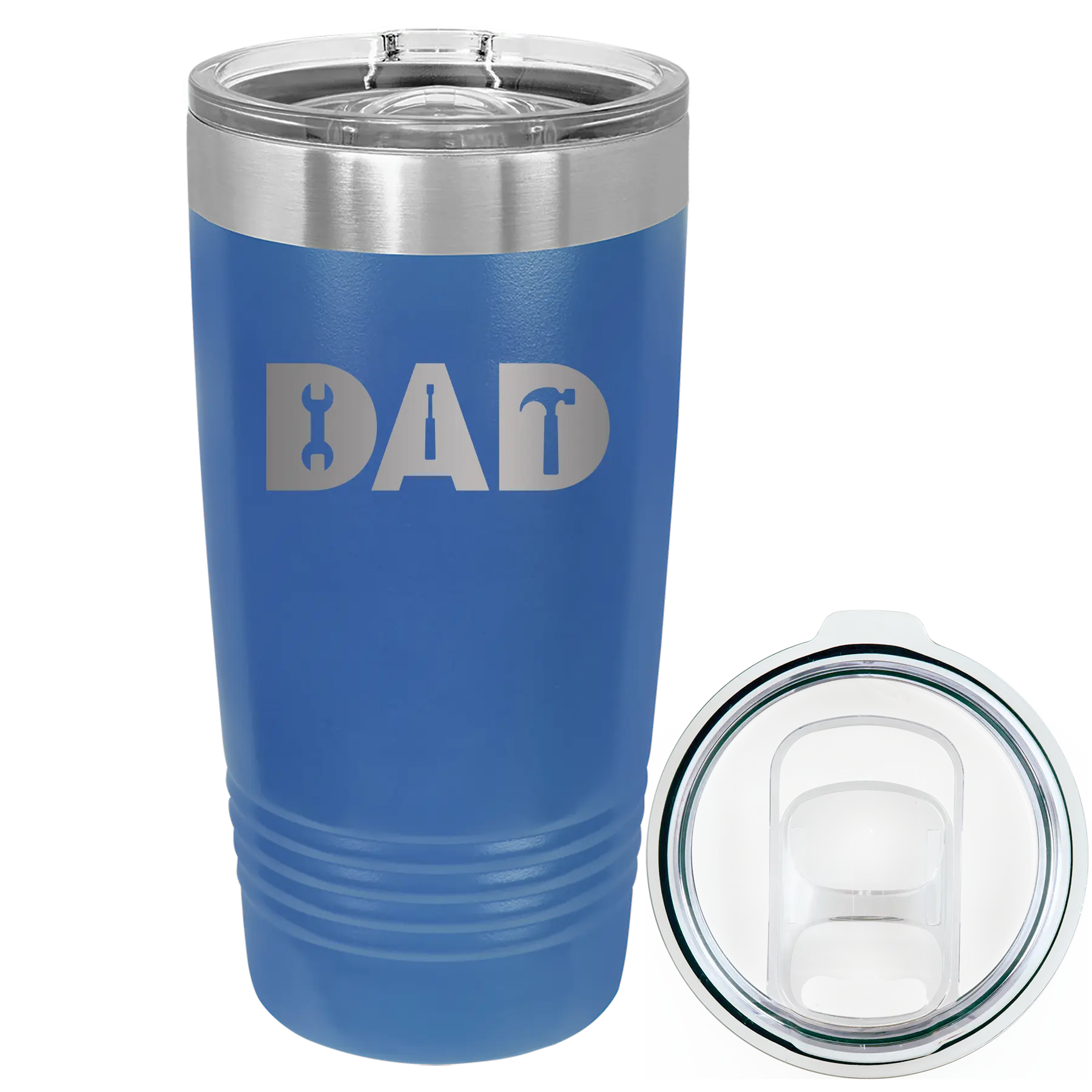 Laser etched royal blue 20 oz vacuum insulated tumbler with 'Dad Tools' design
