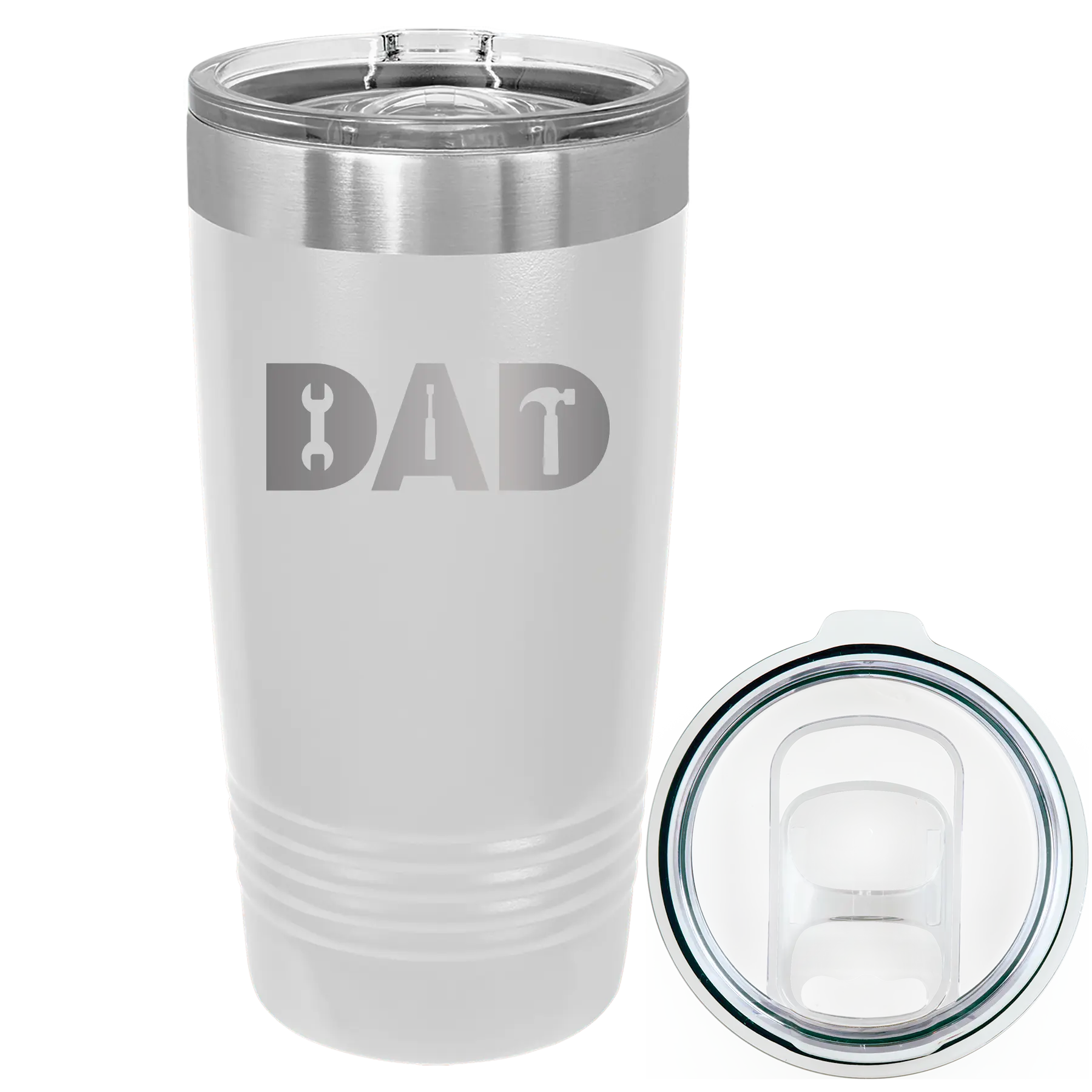 Laser etched white 20 oz vacuum insulated tumbler with 'Dad Tools' design