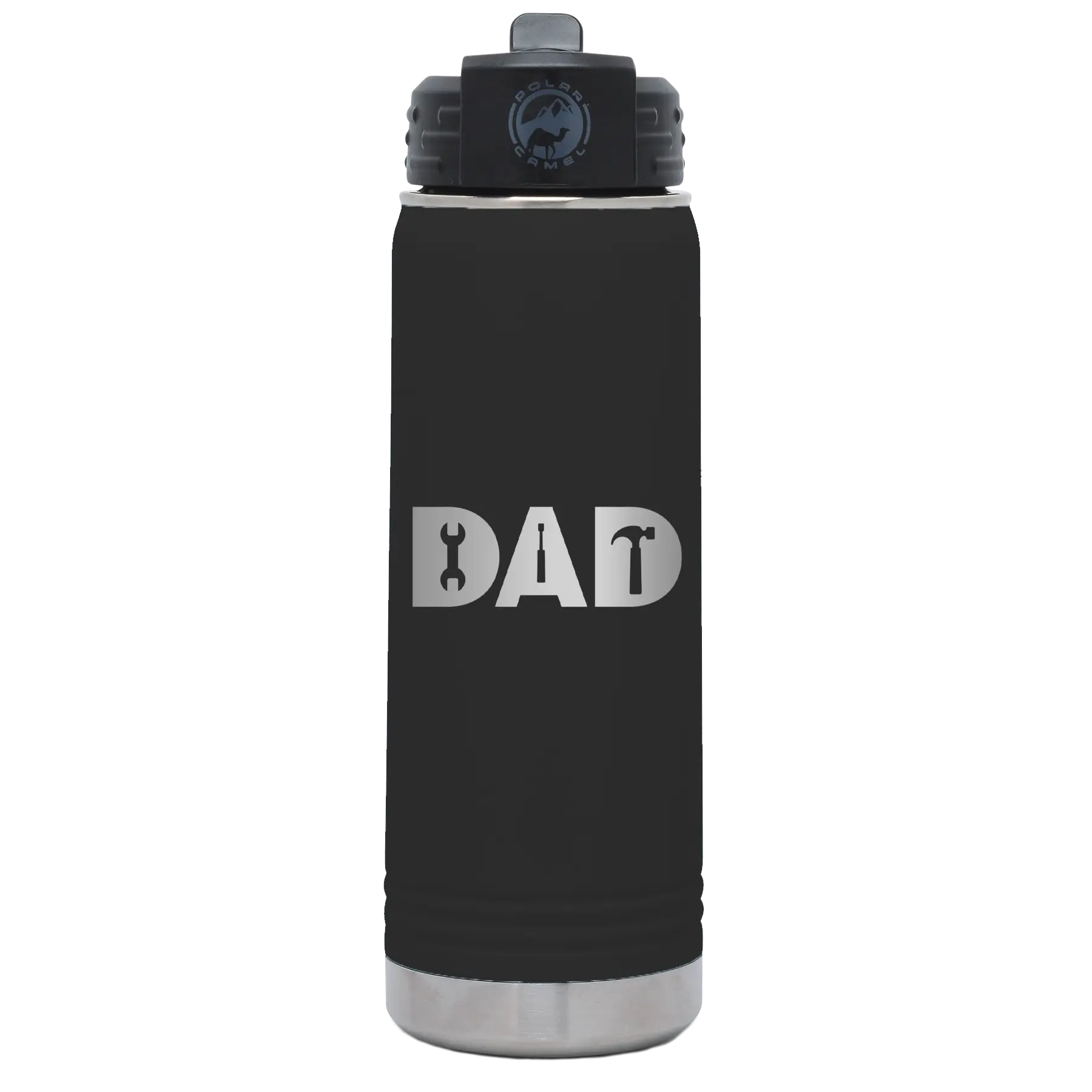 Laser etched black 20 oz vacuum insulated water bottle with 'Dad Tools' design