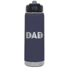 Laser etched navy 20 oz vacuum insulated water bottle with 'Dad Tools' design