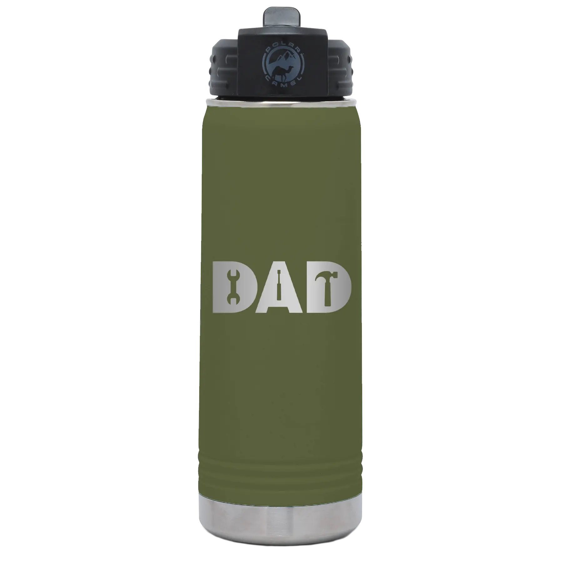 Laser etched olive green 20 oz vacuum insulated water bottle with 'Dad Tools' design
