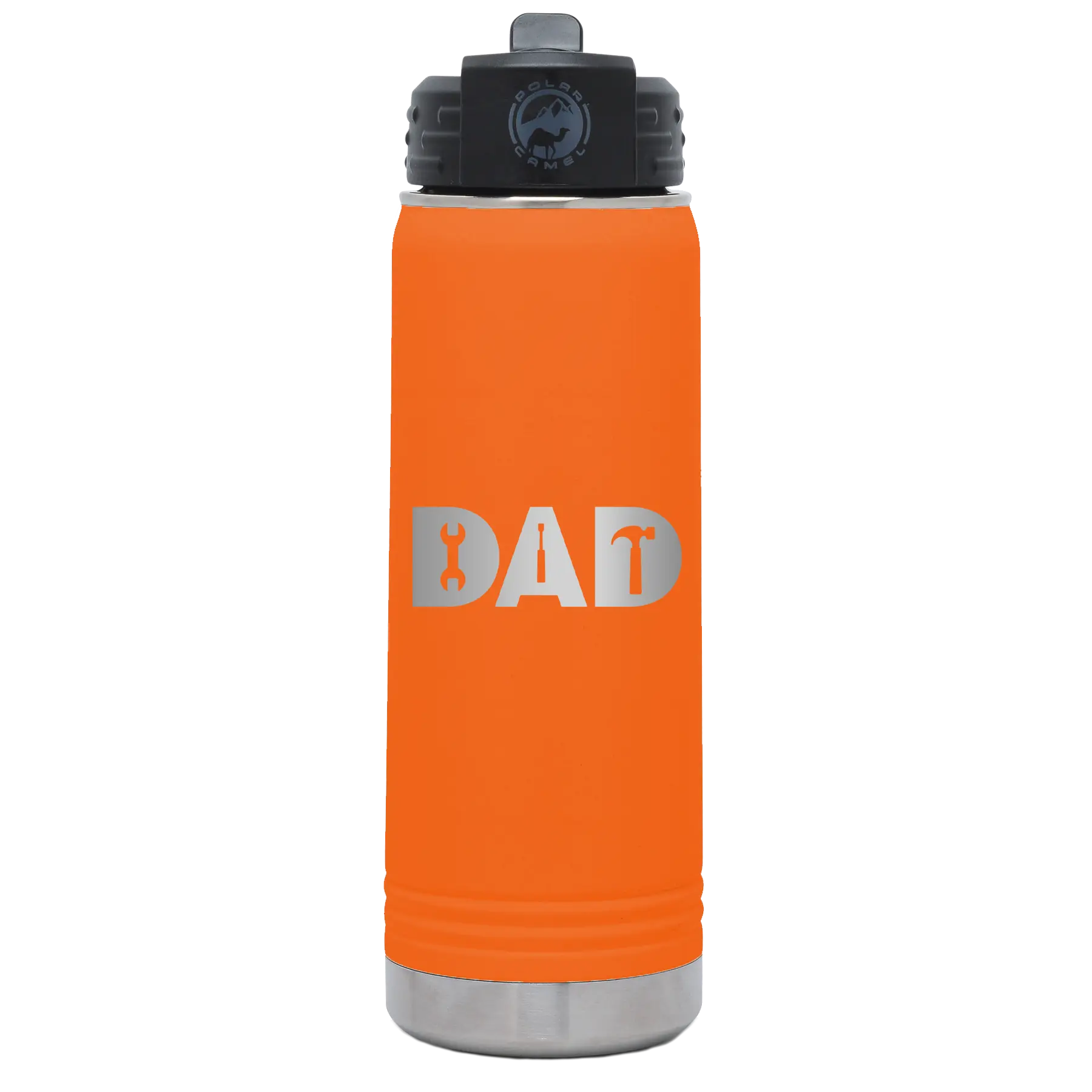 Laser etched orange 20 oz vacuum insulated water bottle with 'Dad Tools' design