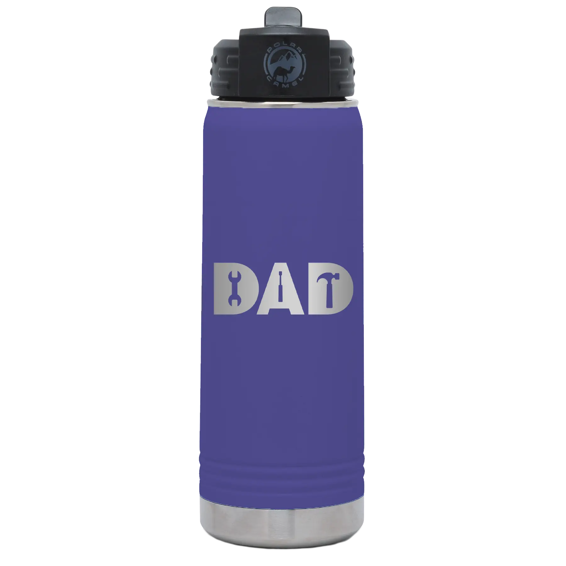 Laser etched purple 20 oz vacuum insulated water bottle with 'Dad Tools' design