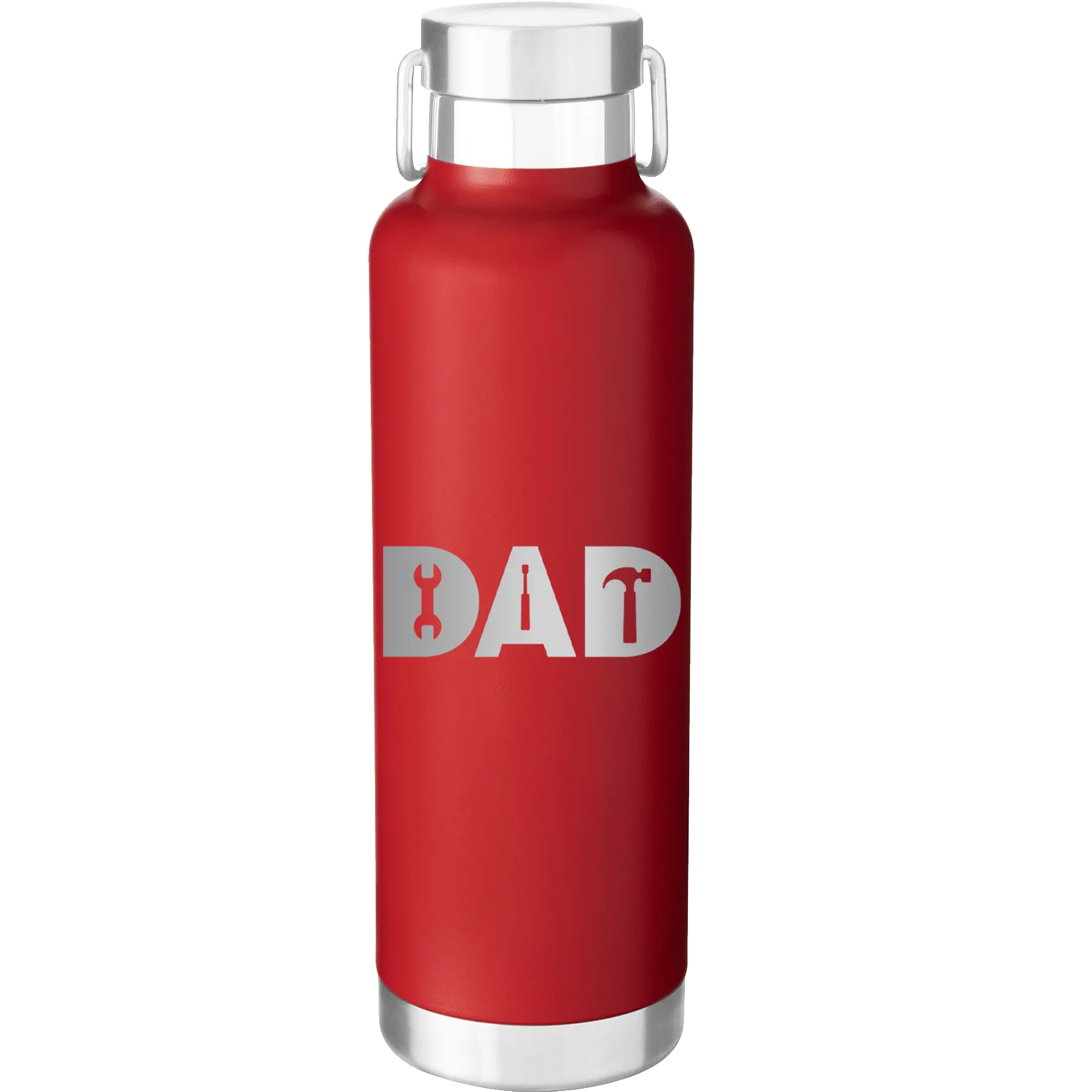 Laser etched red 24 oz vacuum insulated water bottle with 'Dad Tools' design