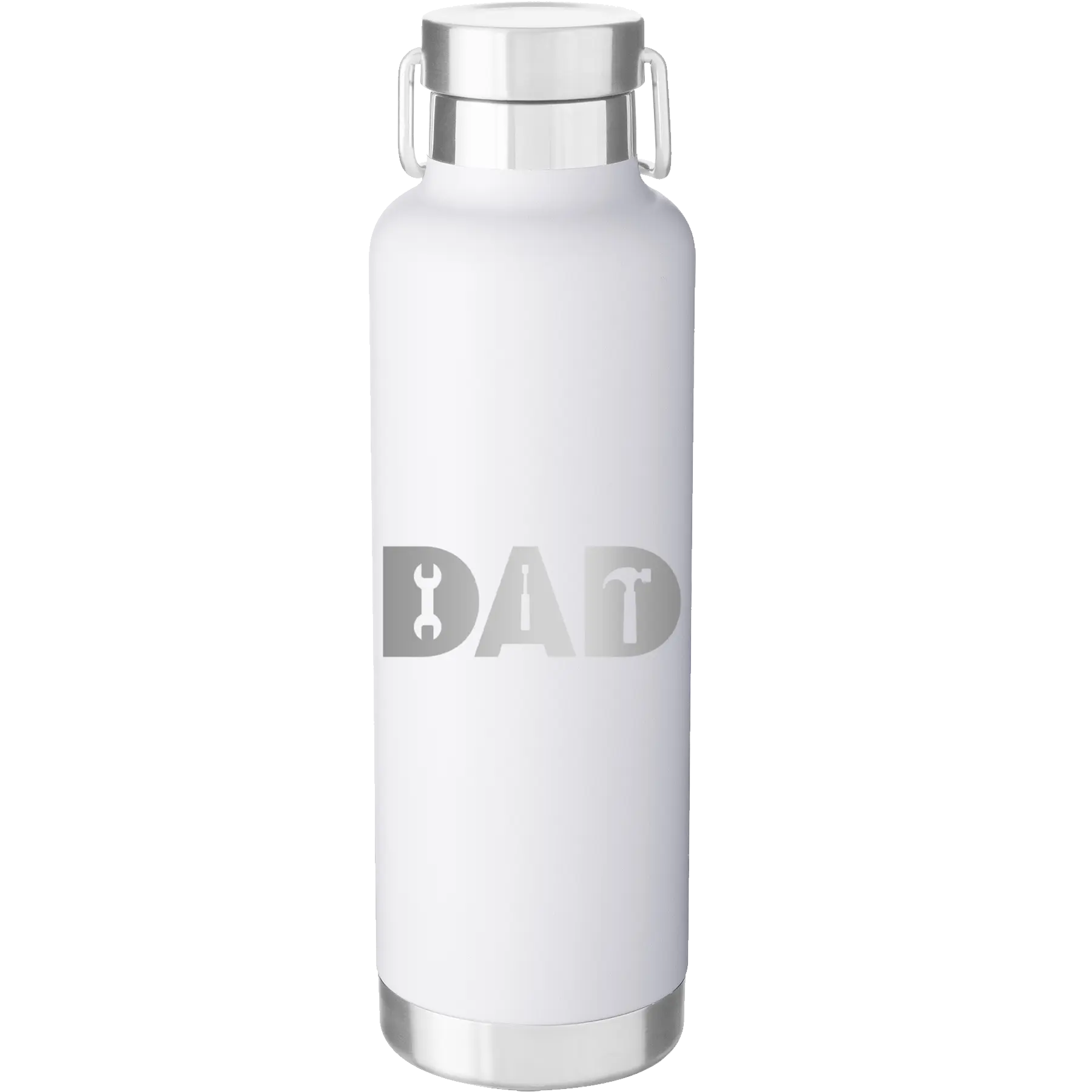 Laser etched white 24 oz vacuum insulated water bottle with 'Dad Tools' design