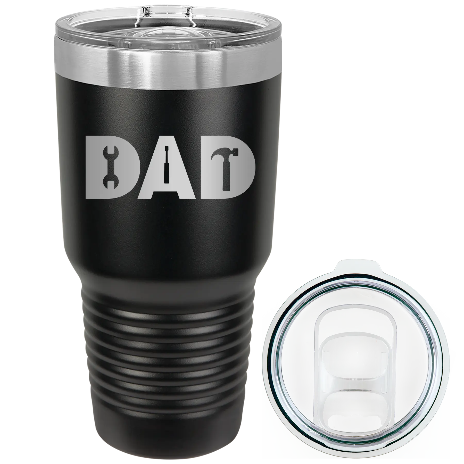 Laser etched black 30 oz vacuum insulated tumbler with 'Dad Tools' design