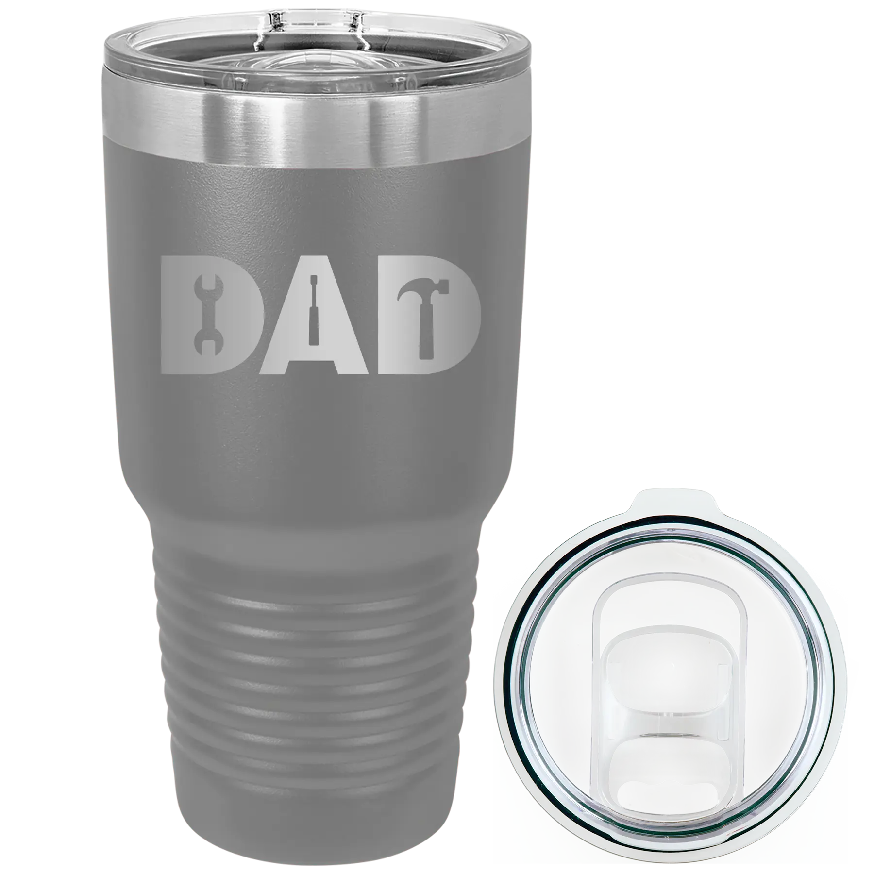 Laser etched dark gray 30 oz vacuum insulated tumbler with 'Dad Tools' design
