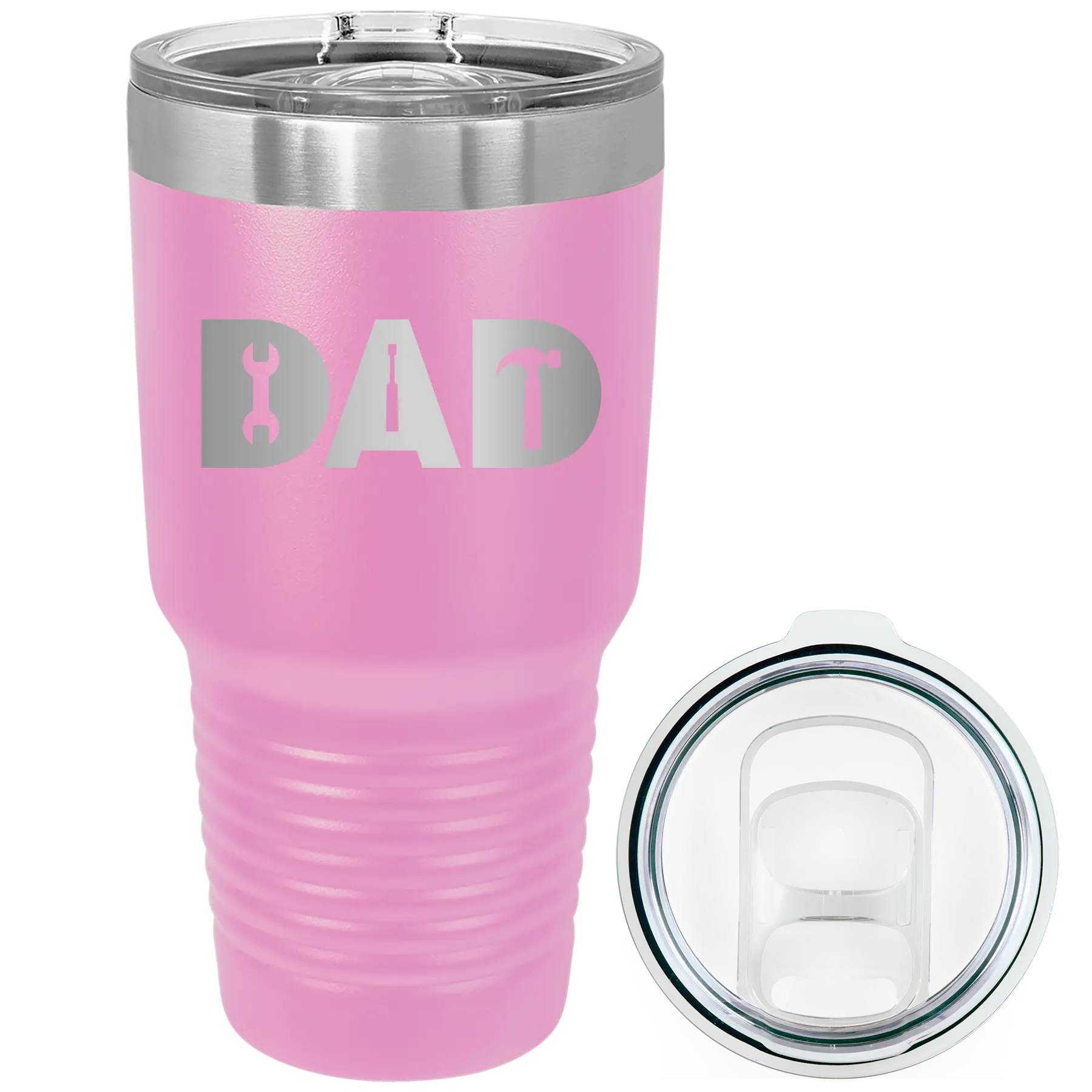 Laser etched light purple 30 oz vacuum insulated tumbler with 'Dad Tools' design