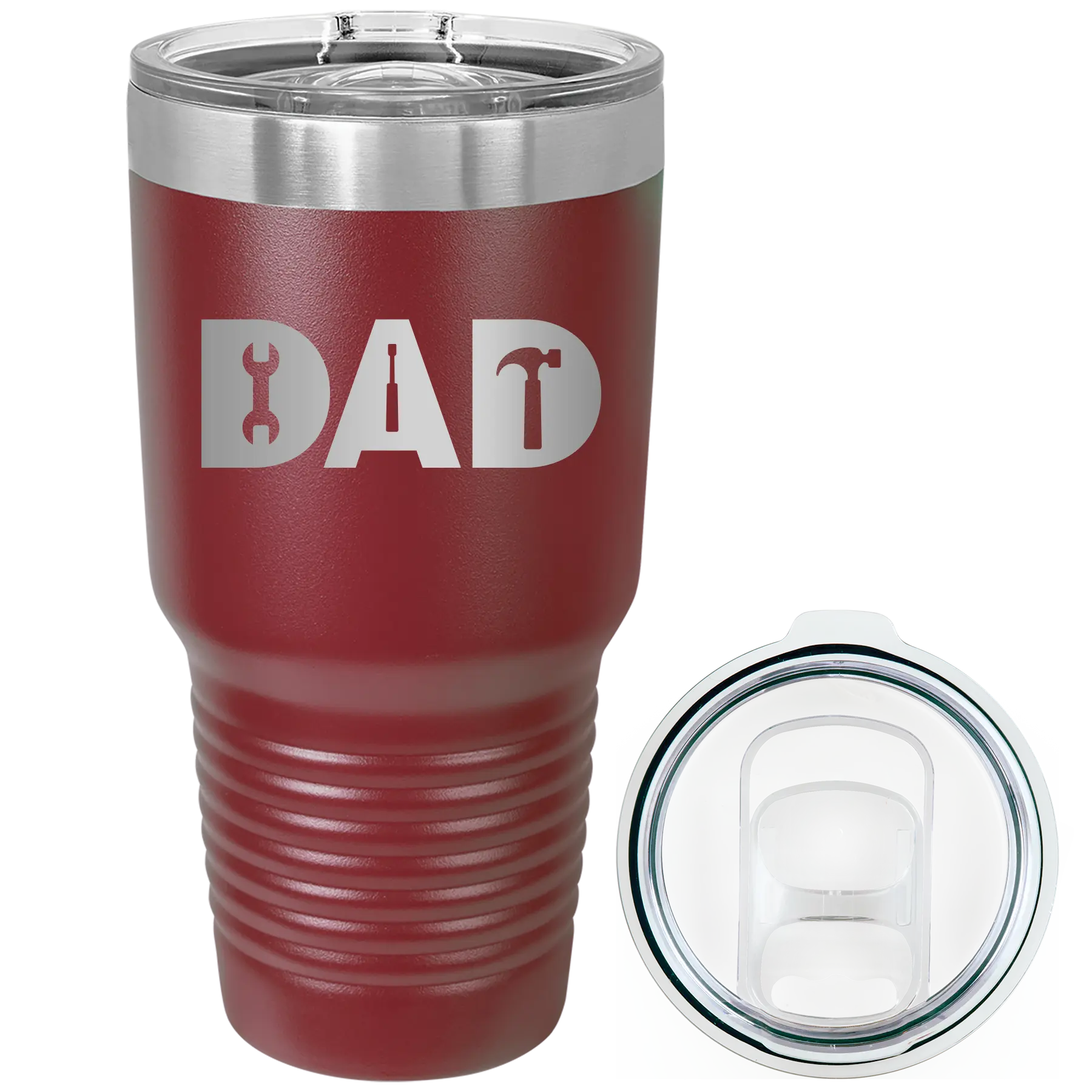 Laser etched maroon 30 oz vacuum insulated tumbler with 'Dad Tools' design
