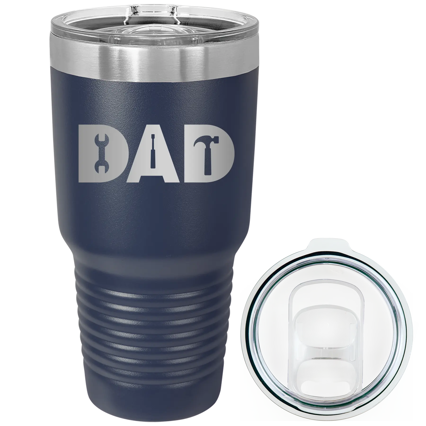 Laser etched navy 30 oz vacuum insulated tumbler with 'Dad Tools' design