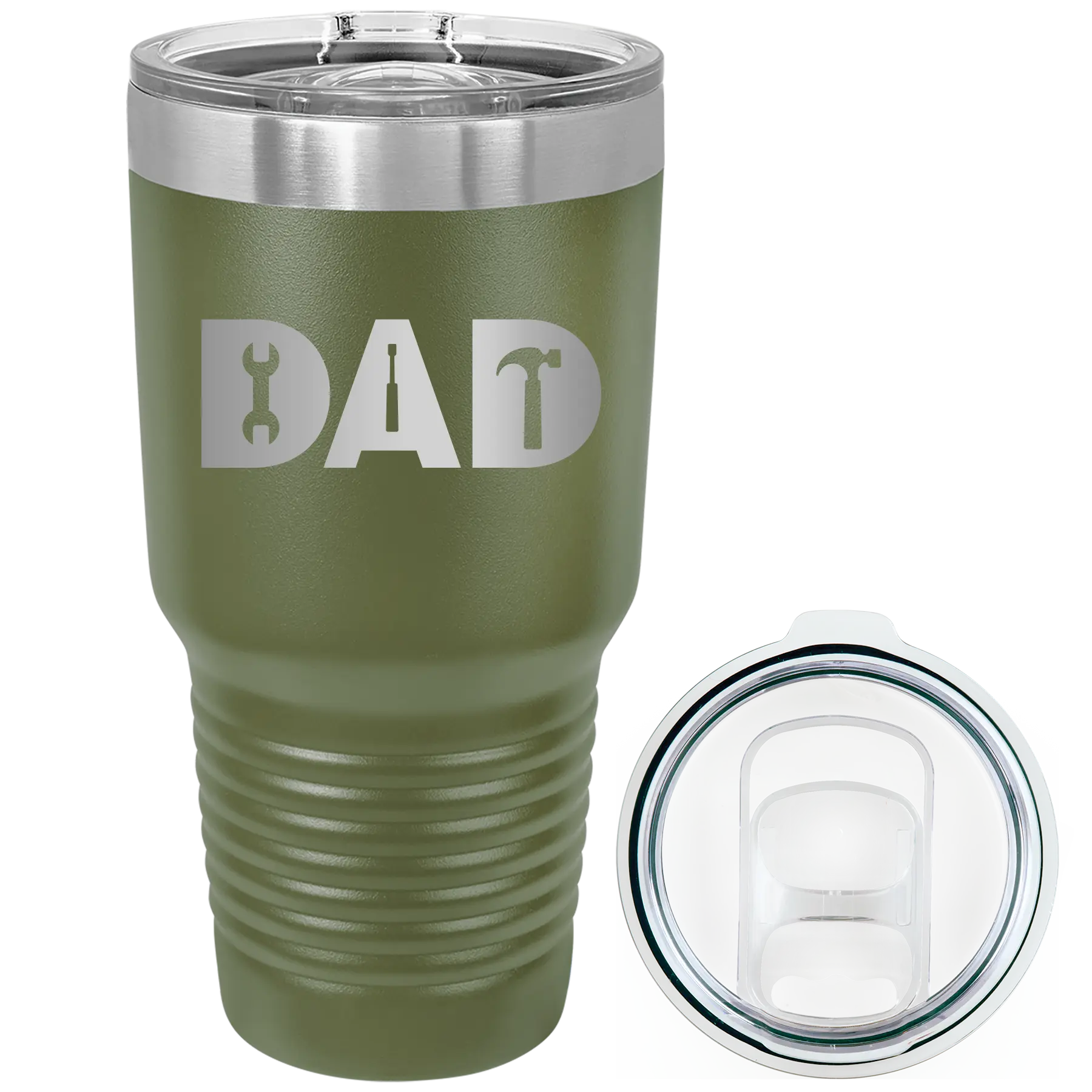Laser etched olive green 30 oz vacuum insulated tumbler with 'Dad Tools' design