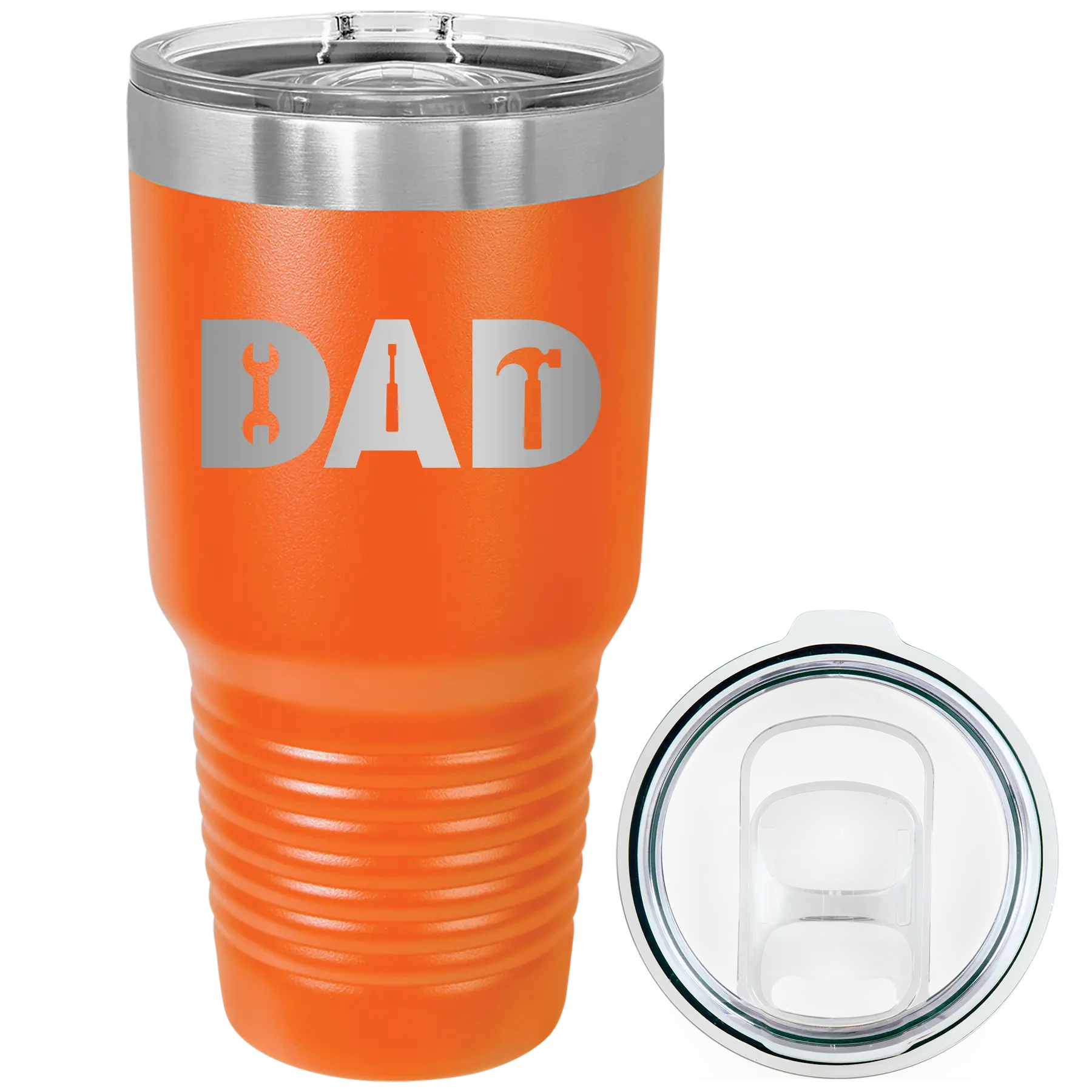 Laser etched orange 30 oz vacuum insulated tumbler with 'Dad Tools' design