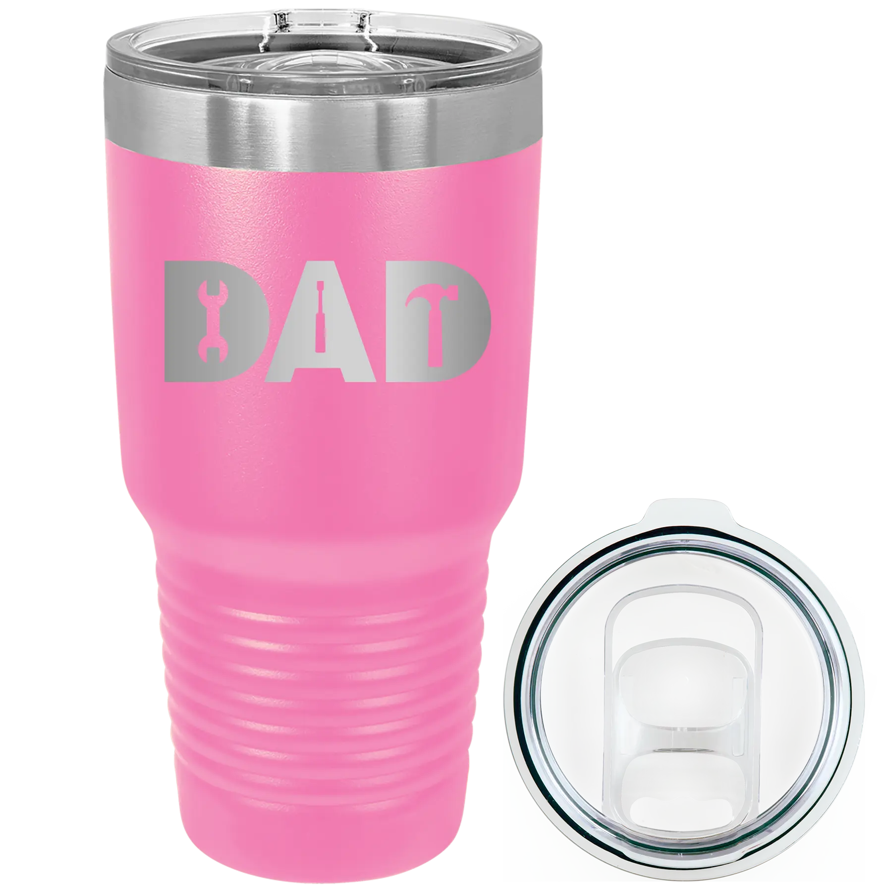 Laser etched pink 30 oz vacuum insulated tumbler with 'Dad Tools' design