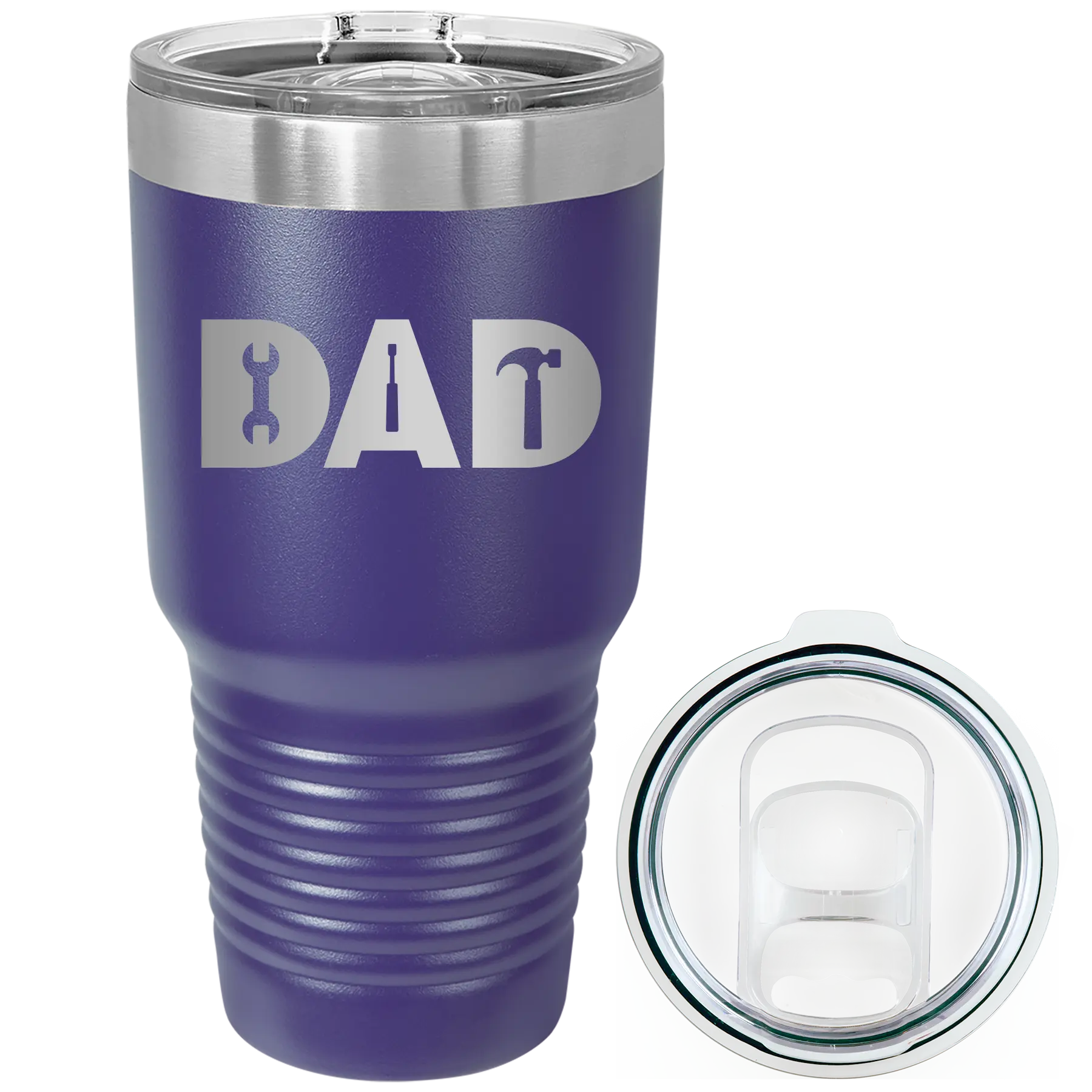 Laser etched purple 30 oz vacuum insulated tumbler with 'Dad Tools' design